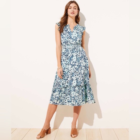 LOFT | Dresses | Loft Floral Flutter Sleeve Flounce Hem Midi Dress |  Poshmark